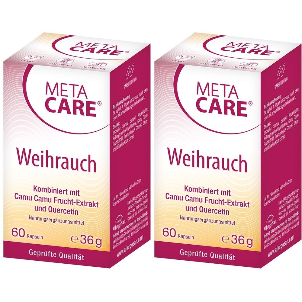 Zwei rechteckige Packungen mit der Aufschrift META CARE Weihrauch. Enthält 60 Kapseln. Geprüfte Qualität.