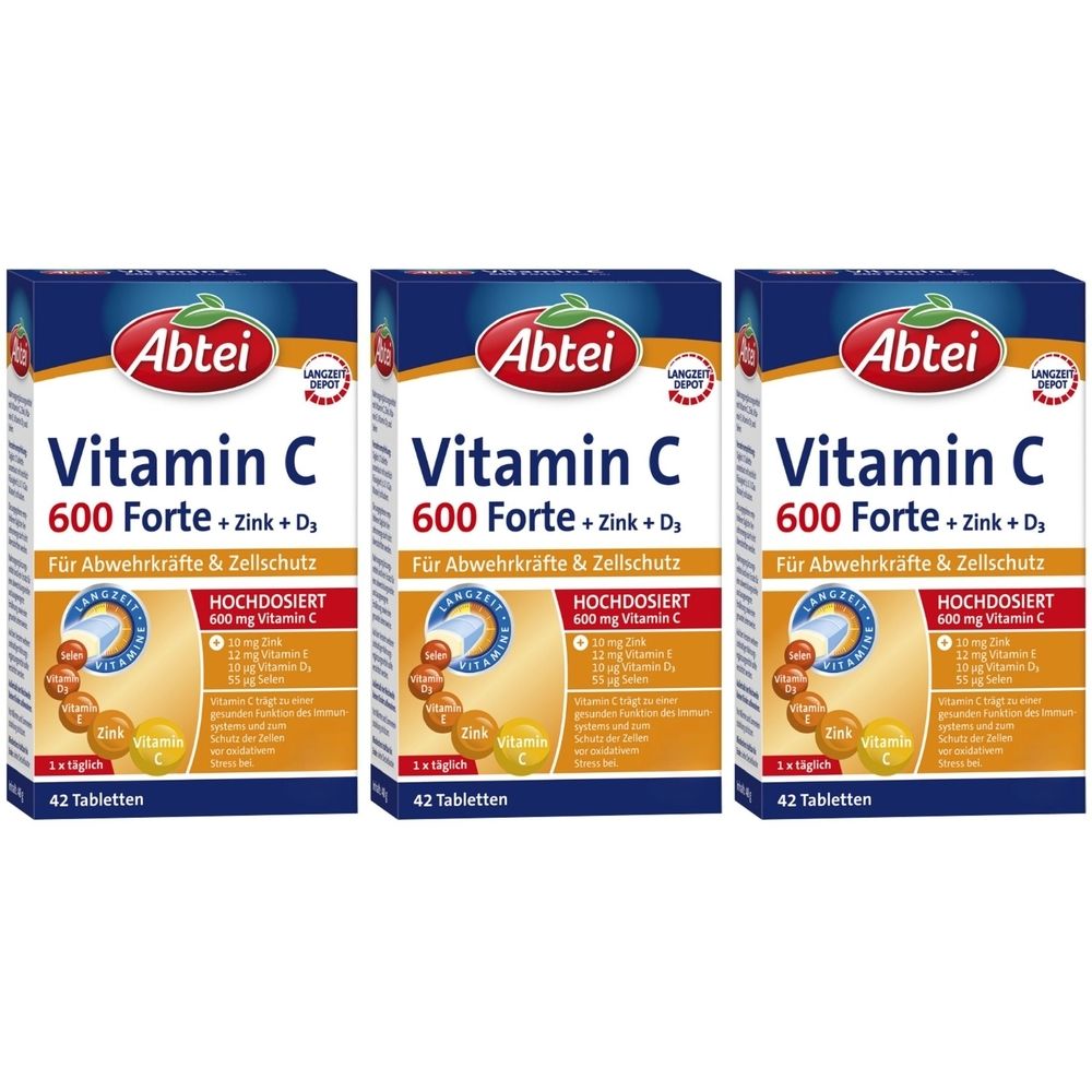 Drei Schachteln Abtei Vitamin C 600 Forte + Zink + D3. Aufschrift: Für Abwehrkräfte & Zellschutz. Enthält 42 Tabletten. Hochdosiert 600 mg Vitamin C.
