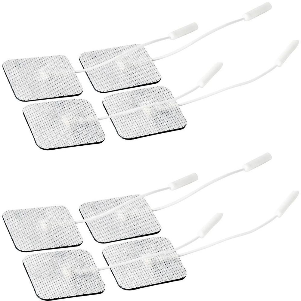 Mehrere quadratische Gewebe-Elektroden mit weißen Kabeln und Steckern. Die Elektroden sind rechteckig und haben eine raue Oberfläche.