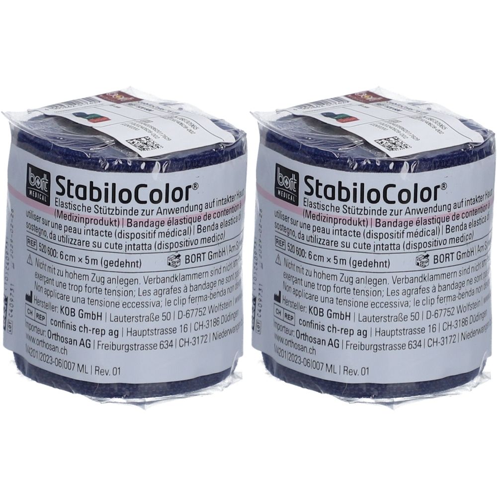 Zwei Rollen BORT StabiloColor® Binde, blau. Elastische Stützbinde. Aufschrift: 6 cm x 5 m.