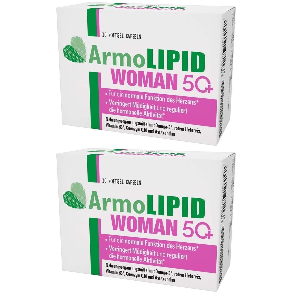 Zwei Schachteln ArmoLIPID WOMAN 50+. Aufschrift: Für die normale Funktion des Herzens. 30 Softgel Kapseln. Enthält Omega-3, Vitamin B6, Coenzym Q10.