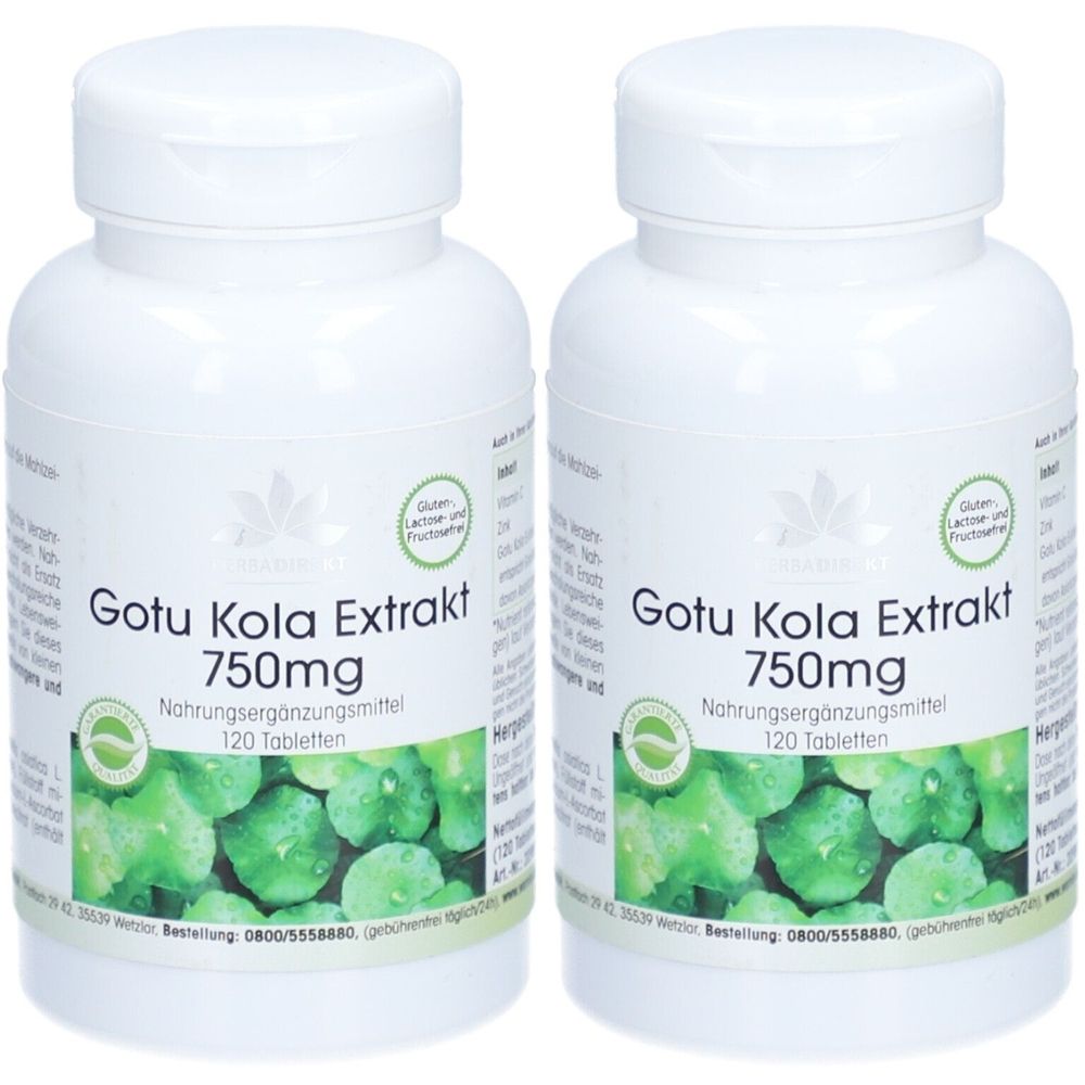 Zwei weiße Flaschen mit Gotu Kola Extrakt. Aufschrift: 750mg, 120 Tabletten. Grün-weiße Etiketten mit Pflanzenabbildung und Siegel.