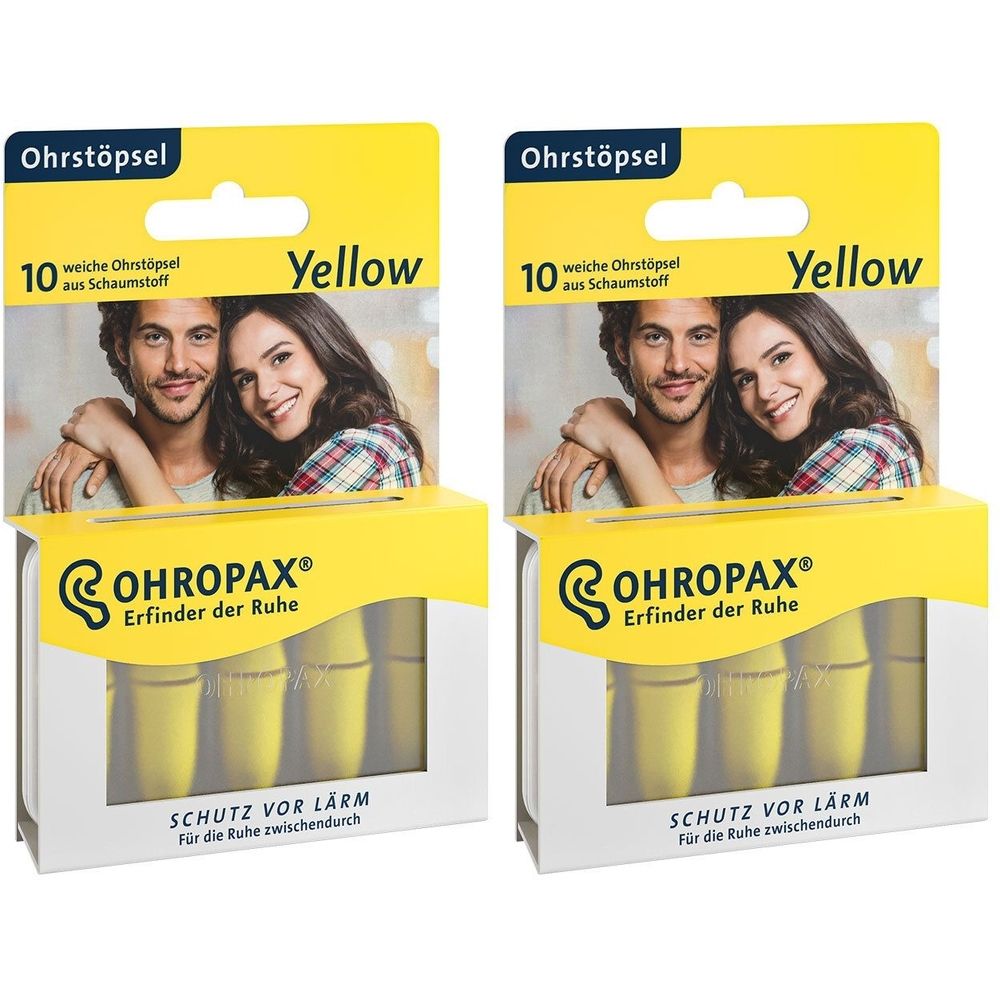 Zwei Packungen OHROPAX® Yellow Ohrstöpsel. Gelbe Schaumstoff-Ohrstöpsel in Kartonverpackung. Aufdruck: Schutz vor Lärm.