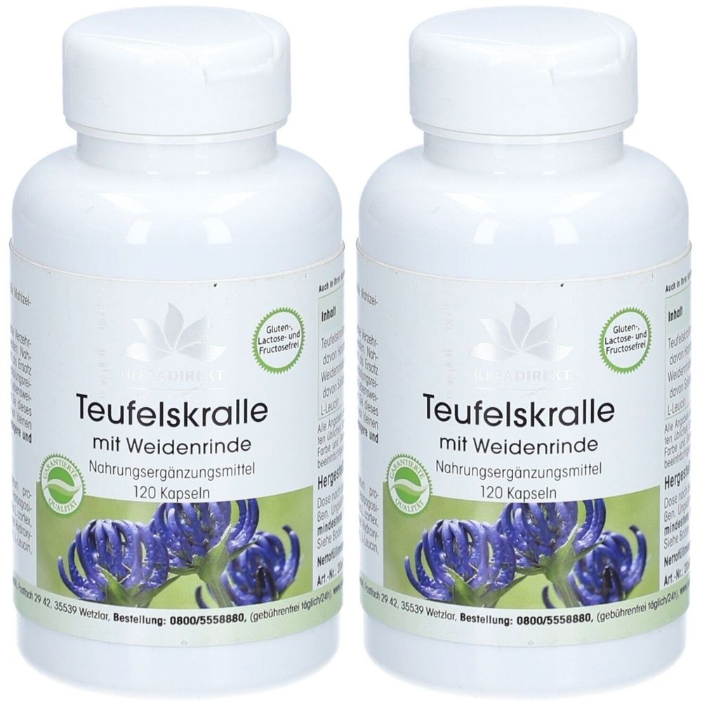 Zwei weiße Flaschen mit Etiketten. Aufschrift: Teufelskralle mit Weidenrinde, 120 Kapseln. Grün-weiße Siegel.