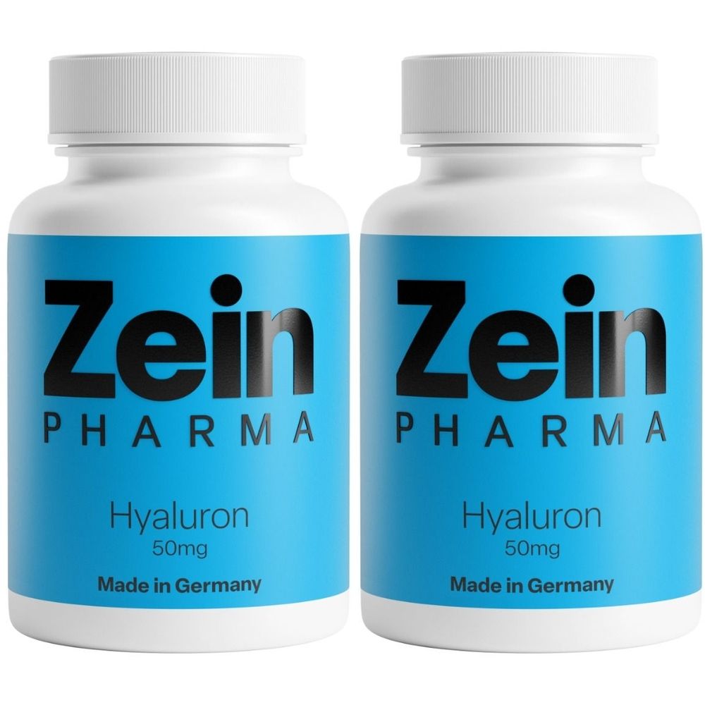 Zwei weiße Flaschen mit blauem Etikett. Aufschrift: Zein Pharma, Hyaluron 50mg, Made in Germany.