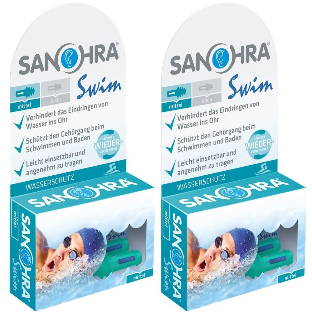 Zwei Produktverpackungen von SANOHRA Swim. Die Verpackung zeigt Schwimmer und grüne Ohrstöpsel. Text: Wasserschutz, verhindert das Eindringen von Wasser.