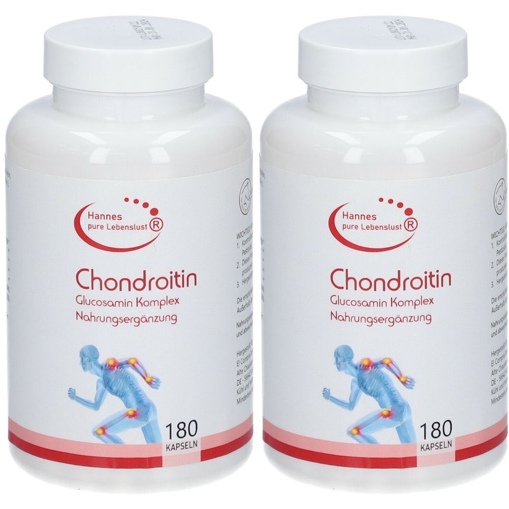 Zwei weiße Flaschen mit roter und schwarzer Beschriftung. Aufschrift: Chondroitin Glucosamin Komplex Nahrungsergänzung. 180 Kapseln.