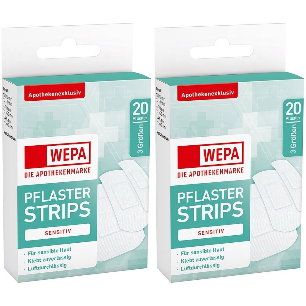 Zwei Packungen Pflaster Strips. Aufschrift: WEPA, Pflaster Strips sensitiv, 20 Pflaster, 3 Größen. Apothekenexklusiv. Für sensible Haut.