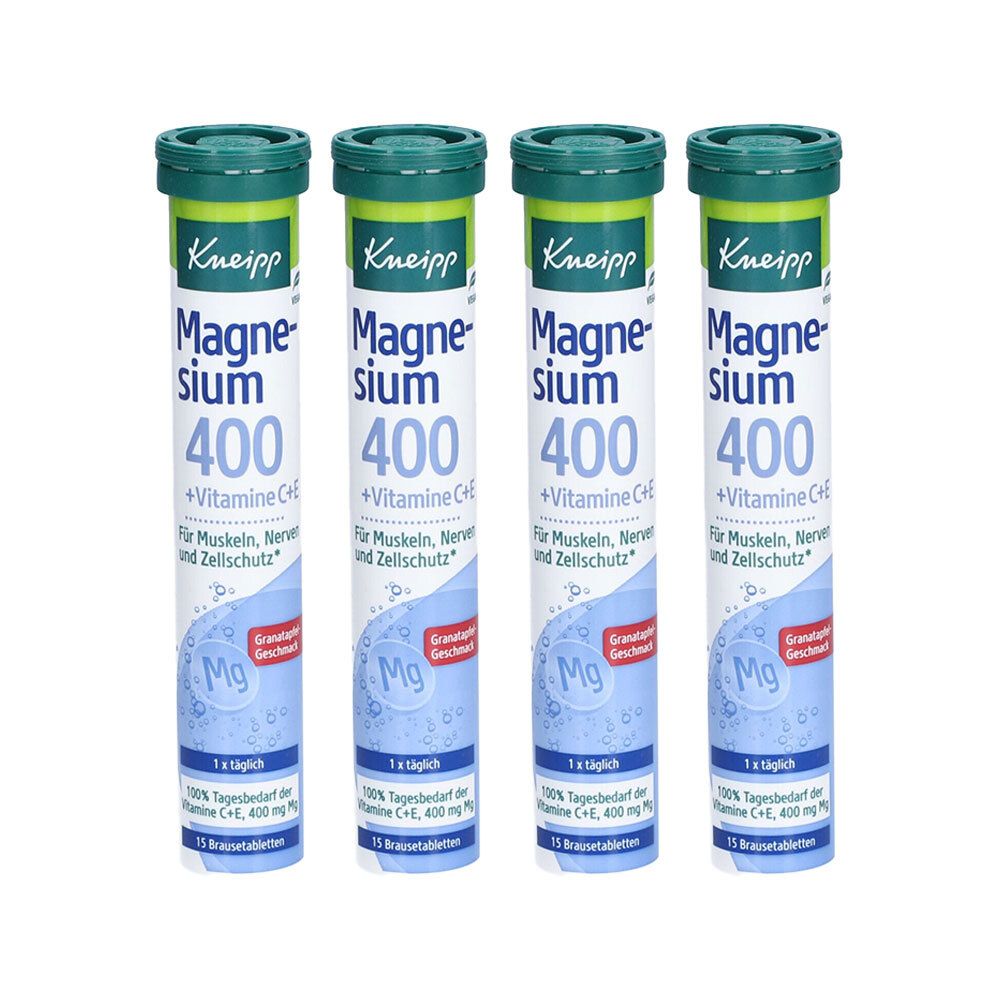 Vier Tuben Kneipp Magnesium 400 + C + E. Weiße Tuben mit grünen Deckeln. Text: Magnesium 400, Vitamin C+E.