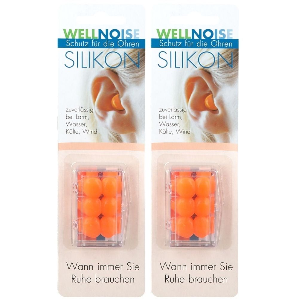 Zwei Blisterpackungen mit orangefarbenen Silikon-Ohrenstöpseln. Aufschrift: WELLNOISE, Schutz für die Ohren. Text: zuverlässig bei Lärm, Wasser, Kälte, Wind.