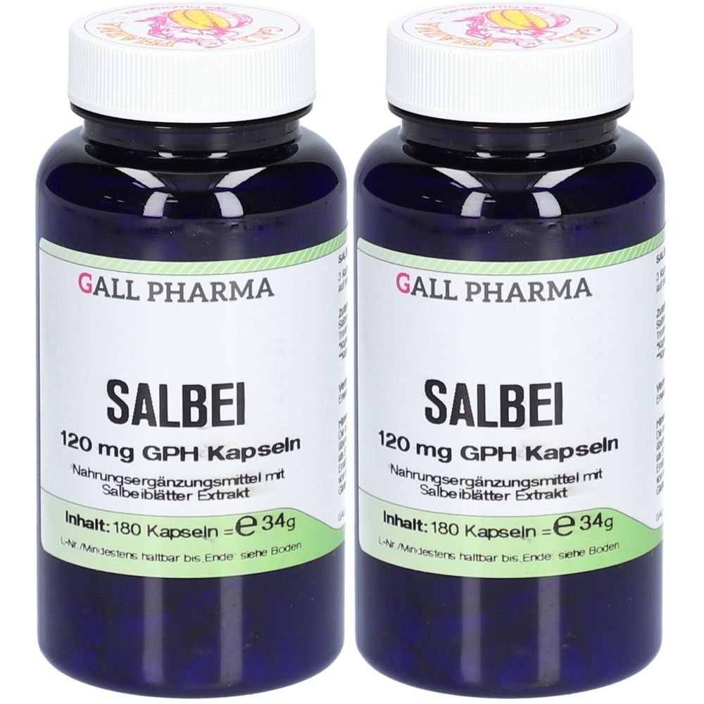Zwei Flaschen GALL PHARMA Salbei 120 mg GPH Kapseln. Blaue Flaschen mit weißem Deckel und Etikett. Text: Salbei, 120 mg, 180 Kapseln.