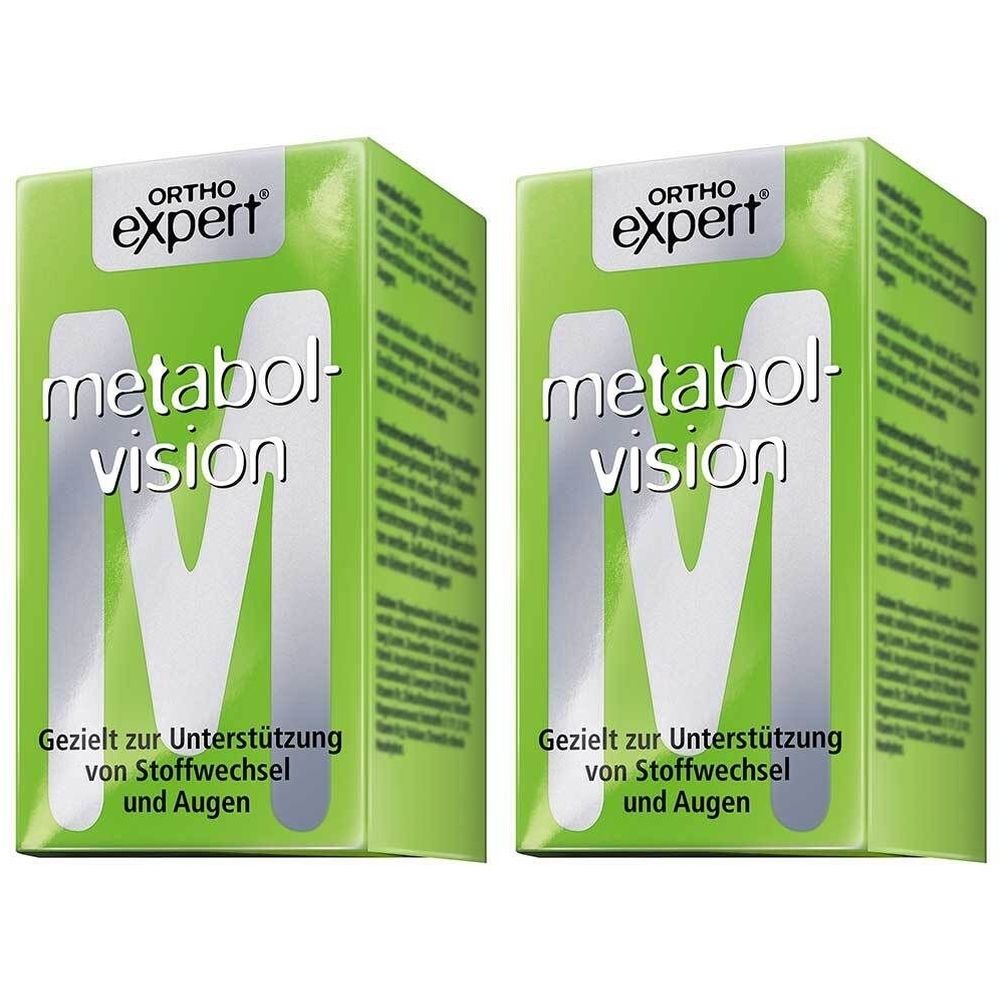 Zwei grüne Schachteln. Aufschrift: Orthoexpert, metabol-vision. Text: Gezielt zur Unterstützung von Stoffwechsel und Augen.