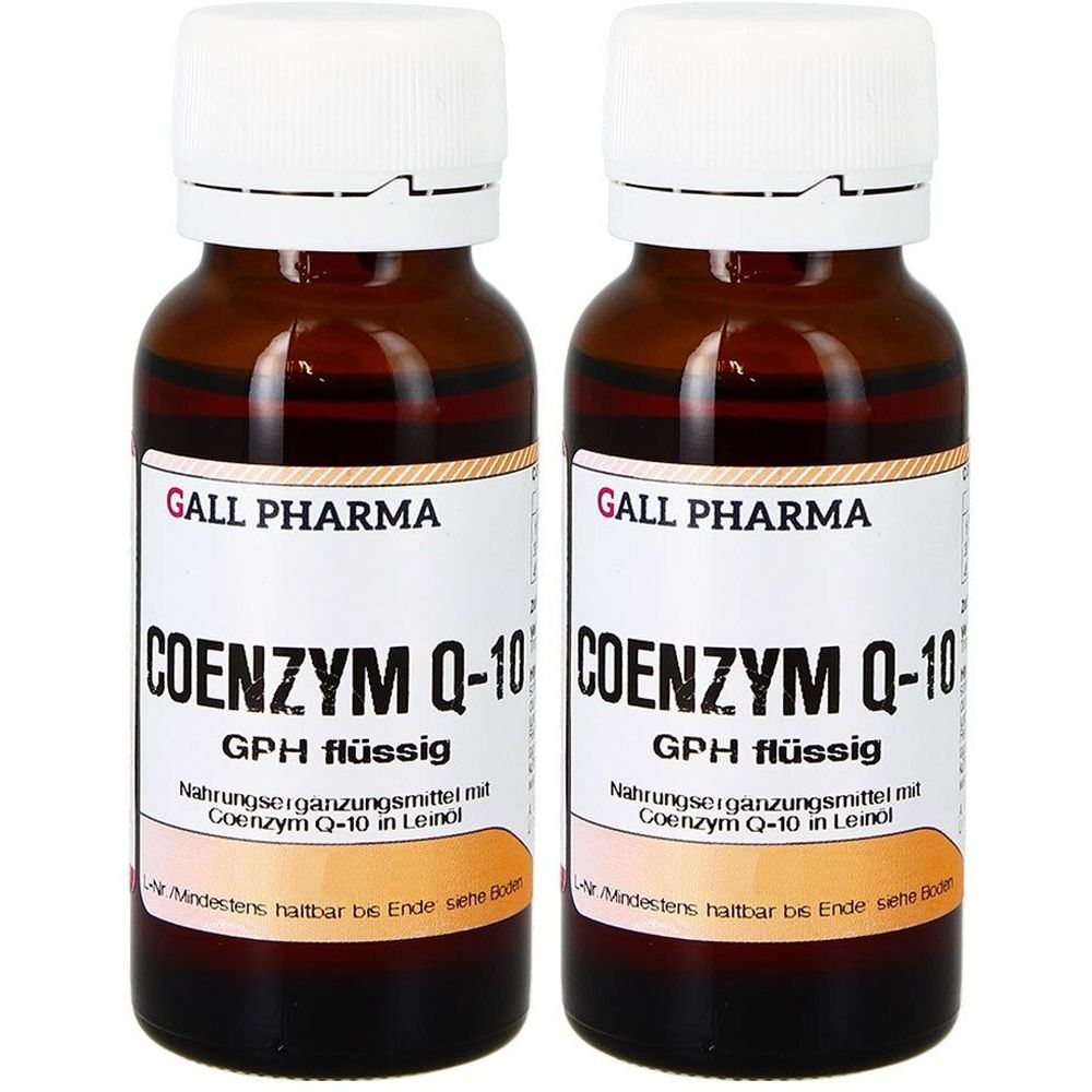 Zwei Flaschen mit weißem Etikett. Aufschrift: GALL PHARMA, COENZYM Q-10, GPH flüssig. Braune Glasflaschen mit weißem Schraubverschluss.