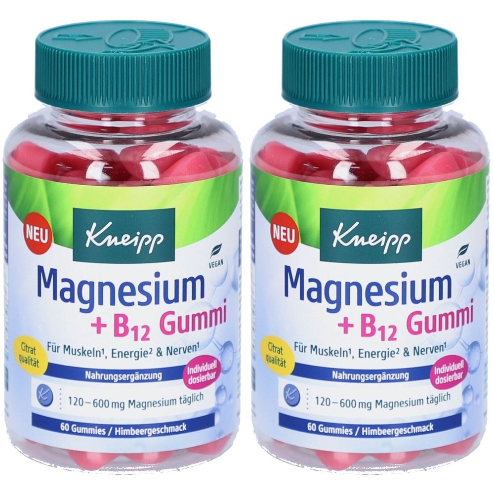 Zwei Flaschen Magnesium + B12 Gummi. Klare Flaschen mit grünen Deckeln. Rote Gummis sichtbar. Text: Kneipp, Magnesium + B12 Gummi.