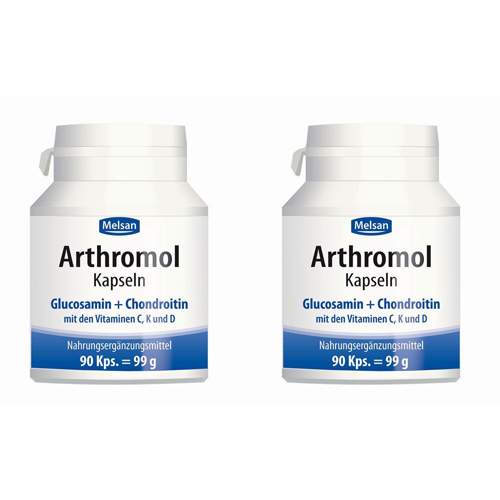 Zwei weiße Flaschen mit dem Produktnamen Arthromol. Aufschrift: Kapseln, Glucosamin + Chondroitin, mit Vitaminen C, K und D. Nahrungsergänzungsmittel.