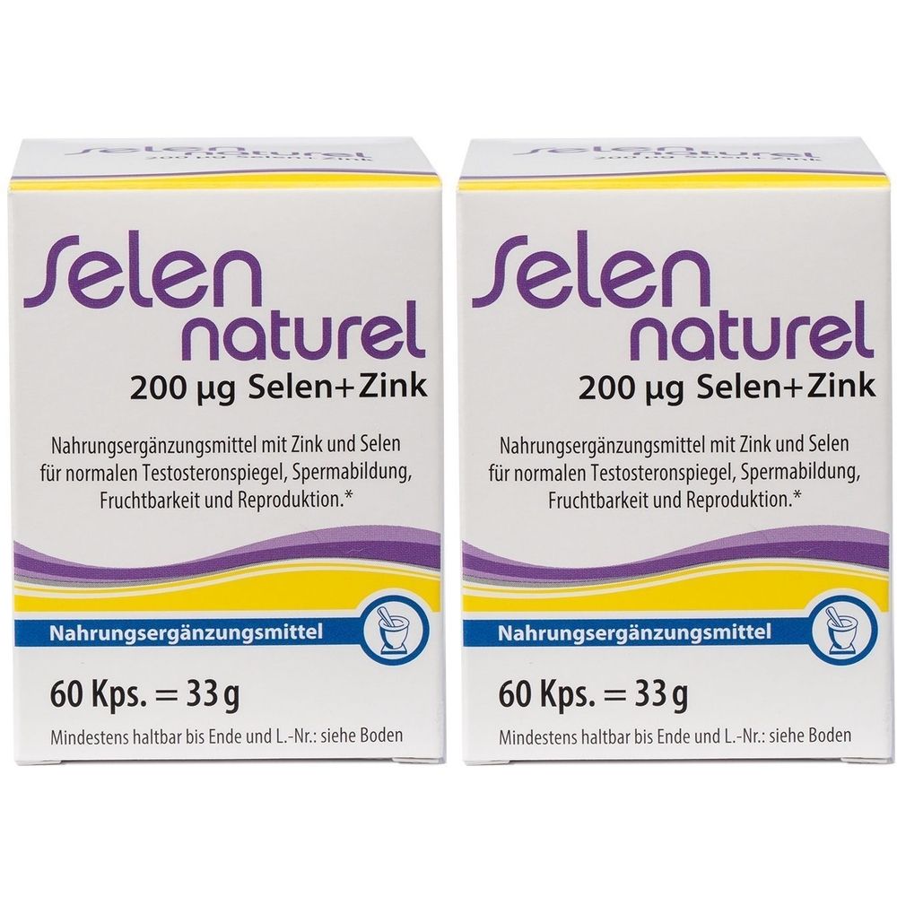 Zwei weiße Schachteln mit lila Schriftzug "Selen naturel 200 µg Selen+Zink". Enthält 60 Kapseln. Aufschrift: Nahrungsergänzungsmittel.