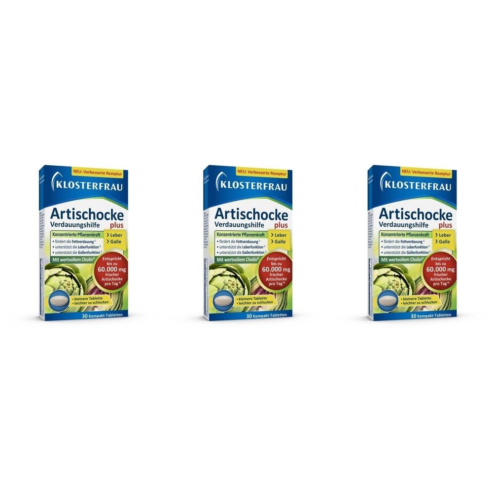 Drei Schachteln mit dem Produktnamen Artischocke Verdauungshilfe plus. Blaue Verpackung mit Logo und Produktinformationen.