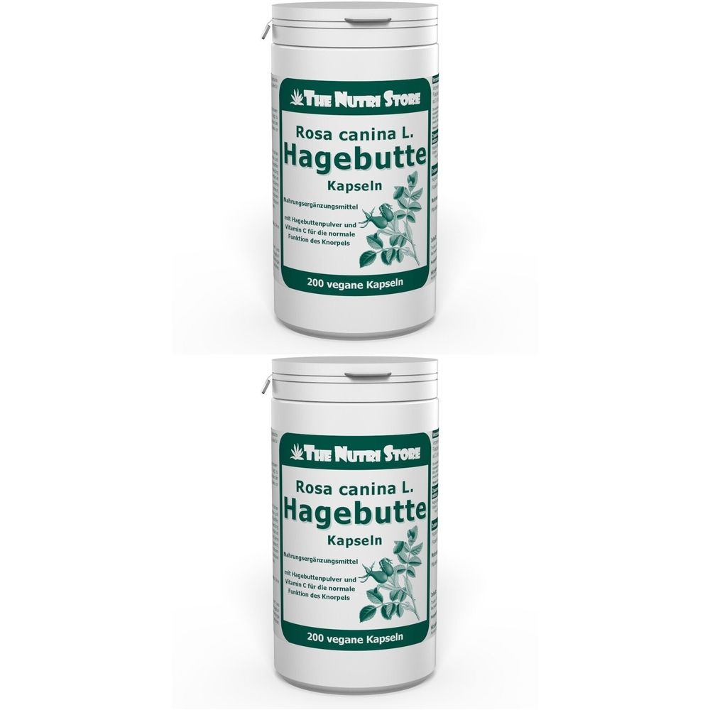 Zwei weiße Dosen mit grünem Etikett. Aufschrift: Rosa canina L. Hagebutte Kapseln. 200 vegane Kapseln. Marke: The Nutri Store.