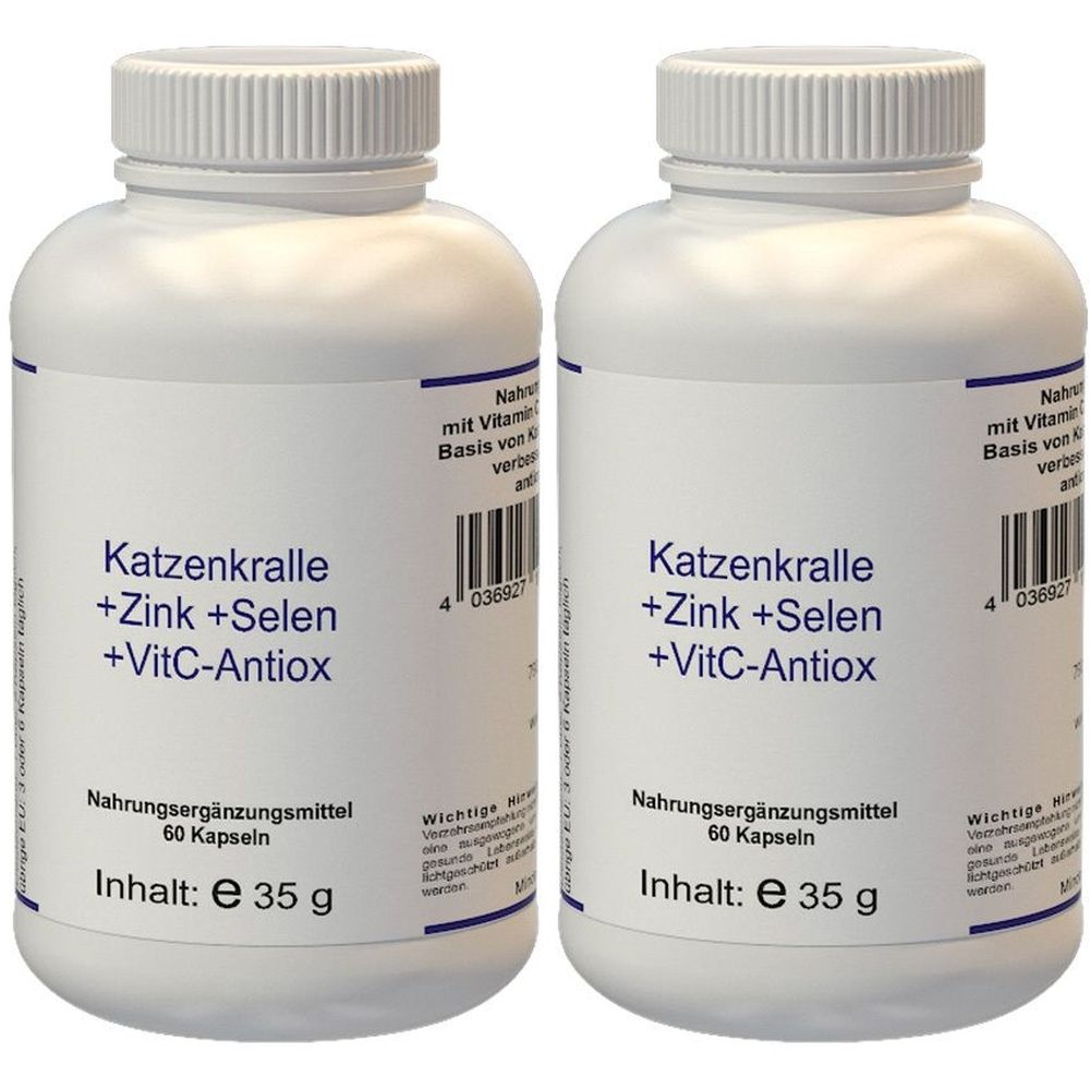 Zwei weiße Flaschen mit Schraubverschluss. Aufschrift: Katzenkralle +Zink +Selen +VitC-Antiox. Nahrungsergänzungsmittel, 60 Kapseln, Inhalt: e 35 g.