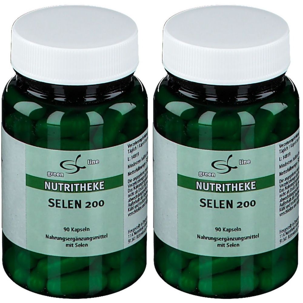 Zwei grüne Flaschen mit weißen Deckeln. Auf den Etiketten steht: green line NUTRITHEKE SELEN 200, 90 Kapseln.