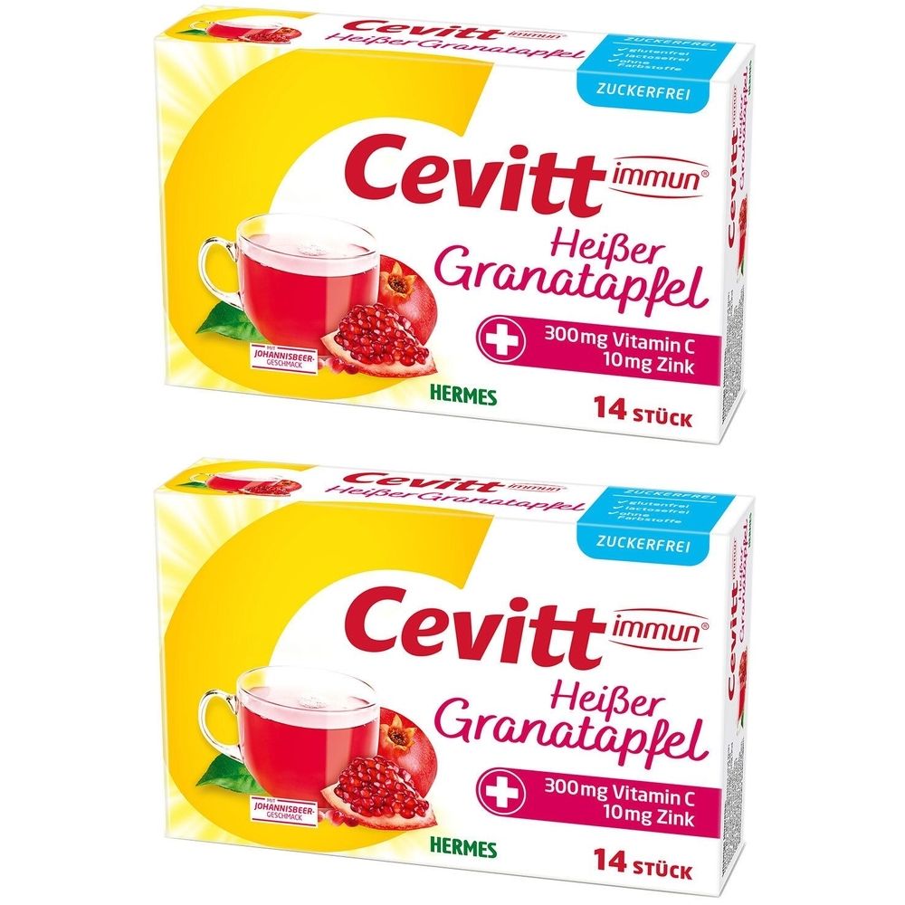 Zwei Packungen Cevitt immun Heißer Granatapfel zuckerfrei. Aufdrucke: 300mg Vitamin C, 10mg Zink, 14 Stück. Hermes Logo.