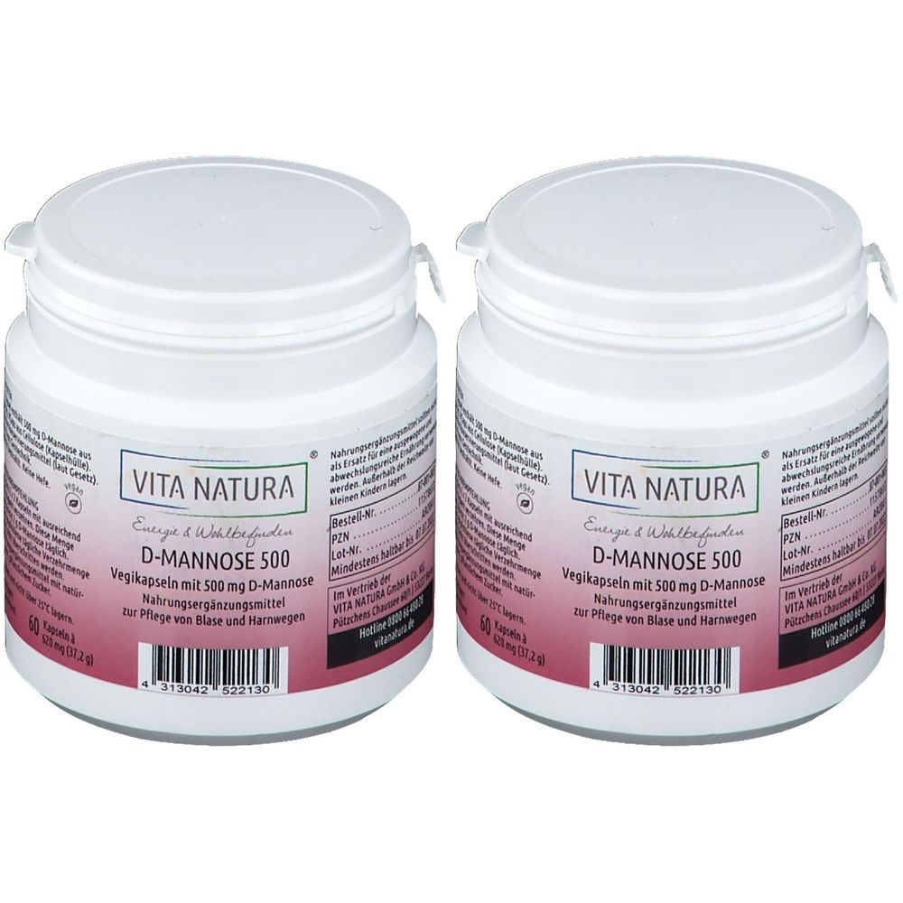Zwei weiße Behälter mit Deckel. Aufschrift: VITA NATURA, D-Mannose 500. Vegikapseln mit 500 mg D-Mannose. Nahrungsergänzungsmittel.