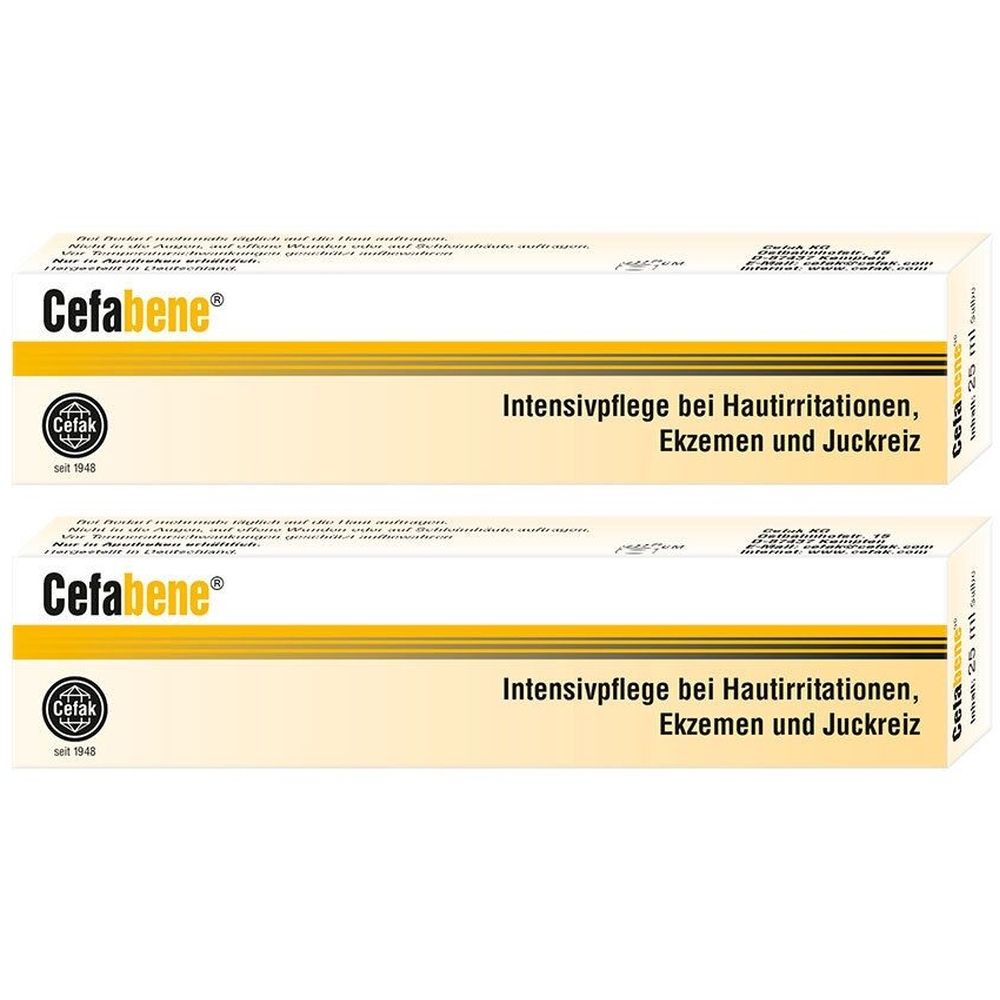 Zwei Tuben Cefabene Salbe. Weiße Verpackung mit gelben Streifen und Produktnamen. Text: Intensivpflege bei Hautirritationen, Ekzemen und Juckreiz.