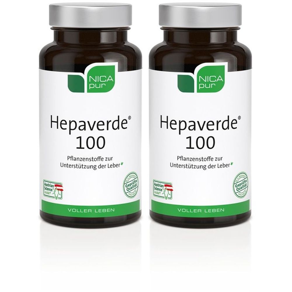 Zwei braune Glasflaschen mit silbernen Deckeln. Auf den Etiketten steht "NICA pur Hepaverde 100". Text: "Pflanzenstoffe zur Unterstützung der Leber".
