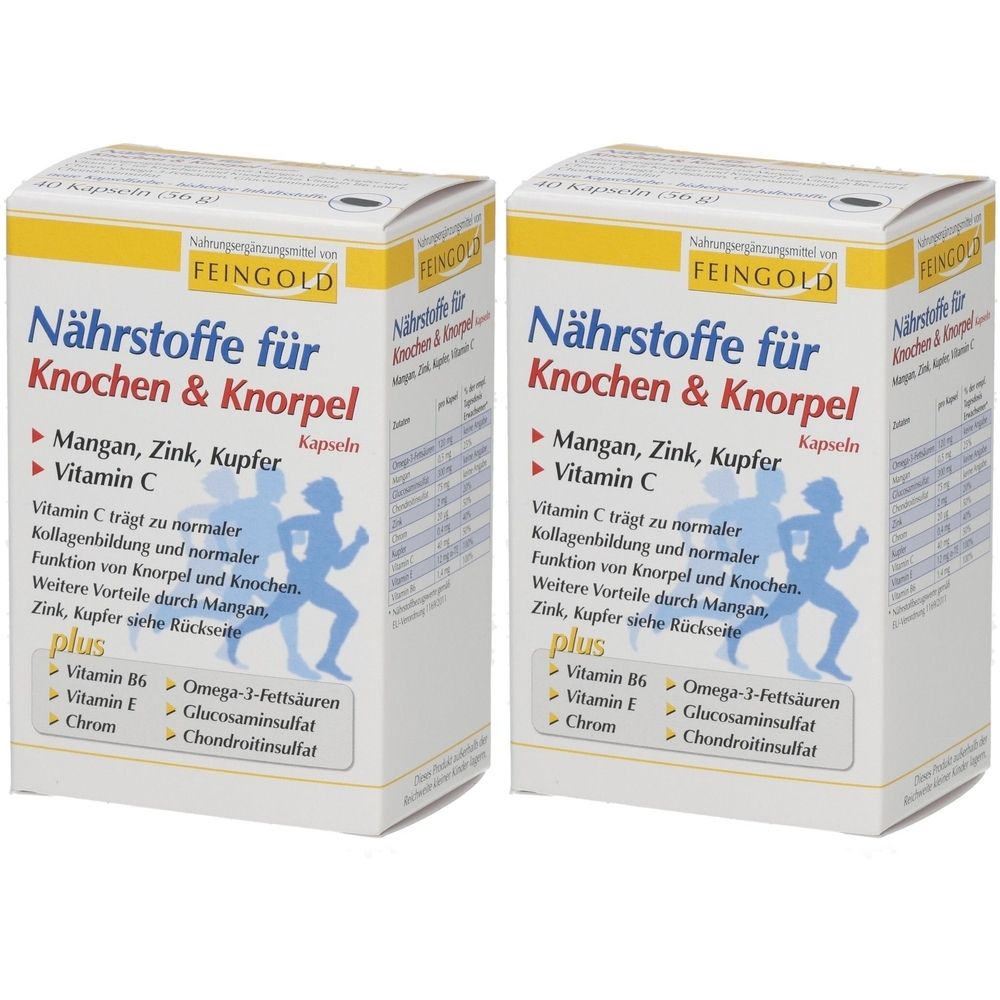 Zwei Kartons mit der Aufschrift "Nährstoffe für Knochen & Knorpel". Enthält Mangan, Zink, Kupfer und Vitamin C. Marke: Feingold.