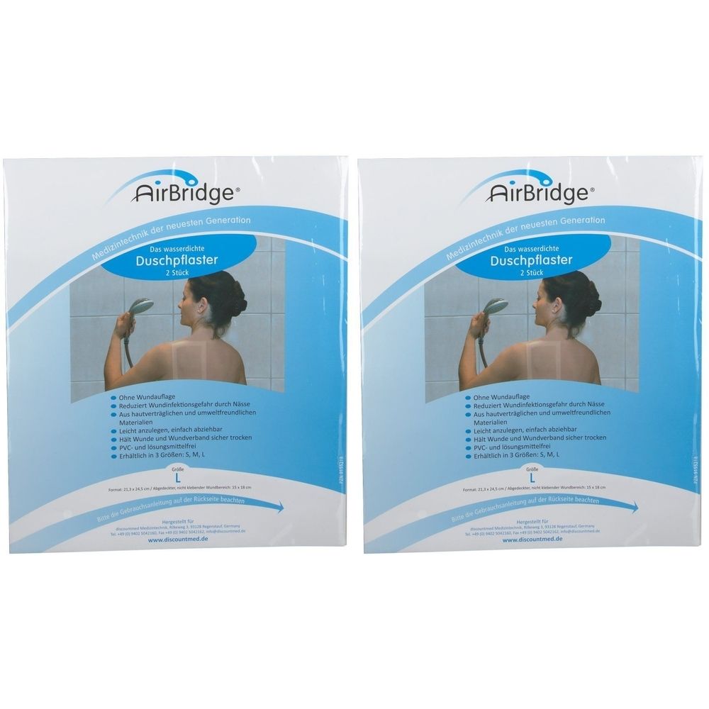 Zwei Packungen Duschpflaster. Auf jeder Packung ist eine Frau abgebildet, die unter der Dusche steht. Der Markenname ist AirBridge.
