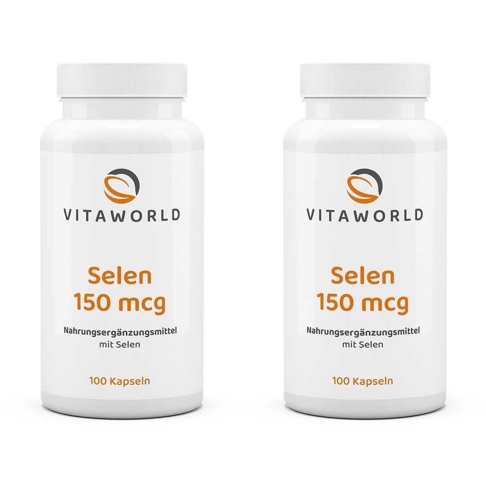 Zwei weiße Flaschen mit Etiketten. Aufschrift: VITAWORLD, Selen 150 mcg, Nahrungsergänzungsmittel mit Selen, 100 Kapseln.