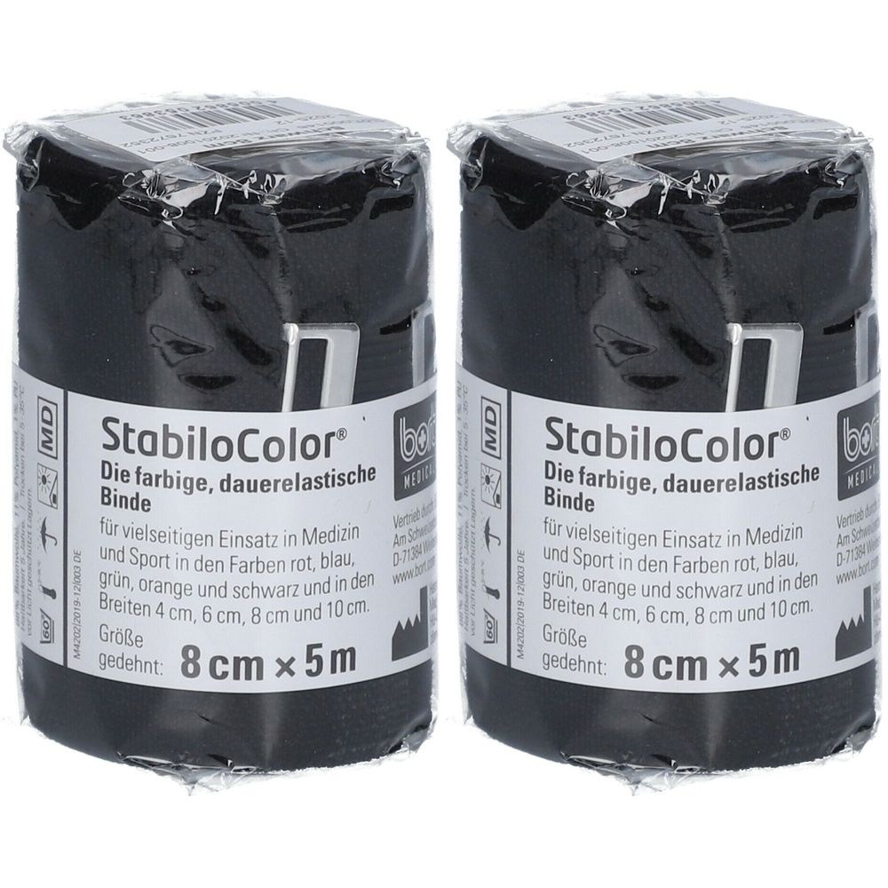Zwei Rollen schwarzer Binde, verpackt in Folie. Aufdruck: StabiloColor, 8 cm x 5 m. Medizinprodukt.