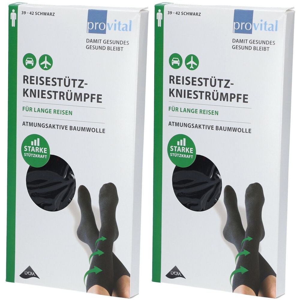 Zwei Packungen provital Reisekniestrümpfe, schwarz, Größe 39-42. Aufdruck: Reisekniestrümpfe, atmungsaktive Baumwolle, starke Stützkraft.