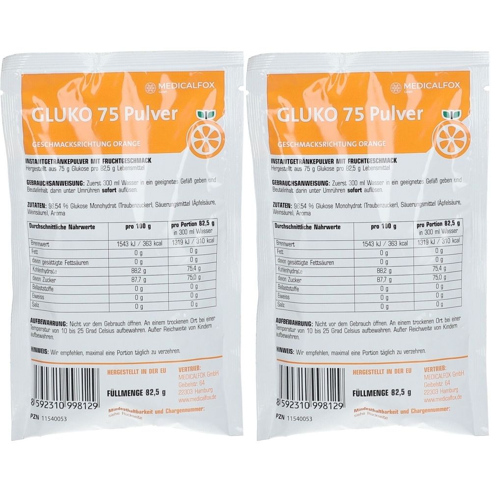 Zwei Beutel GLUKO 75 Pulver. Orangefarbener Aufdruck mit Produktinformationen und Nährwerttabelle. Marke MEDICALFOX.