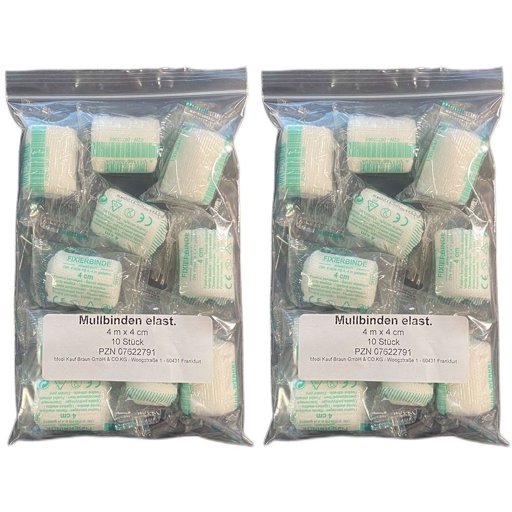 Zwei transparente Beutel mit Mullbinden. Aufschrift: Mullbinden elast. 4 m x 4 cm, 10 Stück. CE-Kennzeichnung.