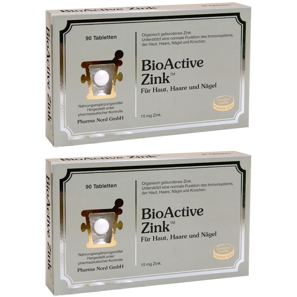 Zwei Schachteln BioActive Zink. Aufschrift: 90 Tabletten. Für Haut, Haare und Nägel. Pharma Nord GmbH. 15 mg Zink.