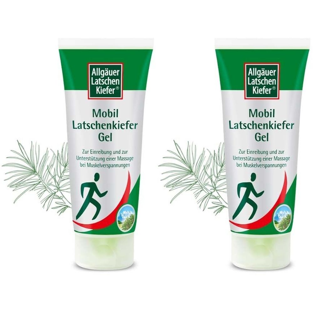 Zwei Tuben Gel mit grüner und weißer Aufmachung. Aufschrift: Allgäuer Latschenkiefer Mobil Latschenkiefer Gel.