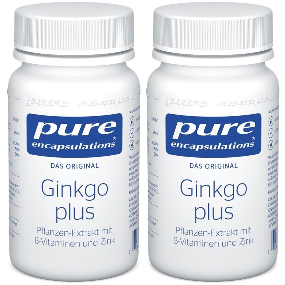 Zwei weiße Flaschen mit Schraubverschluss. Aufschrift: Pure Encapsulations Ginkgo plus. Enthält B-Vitamine und Zink. Das Original.