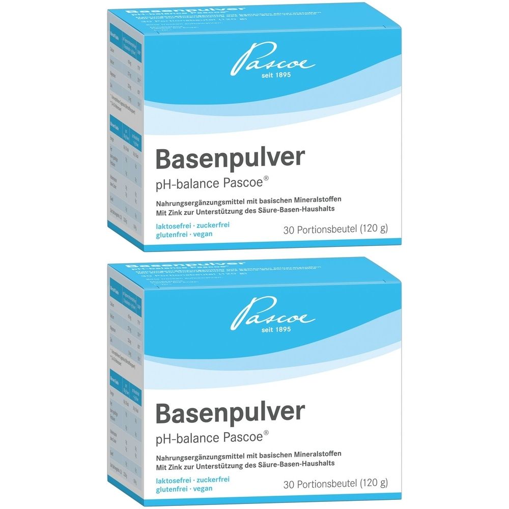 Zwei Packungen Basenpulver pH-balance Pascoe®. Blaue Schachteln mit weißer Schrift. Enthält 30 Portionsbeutel. Marke Pascoe.