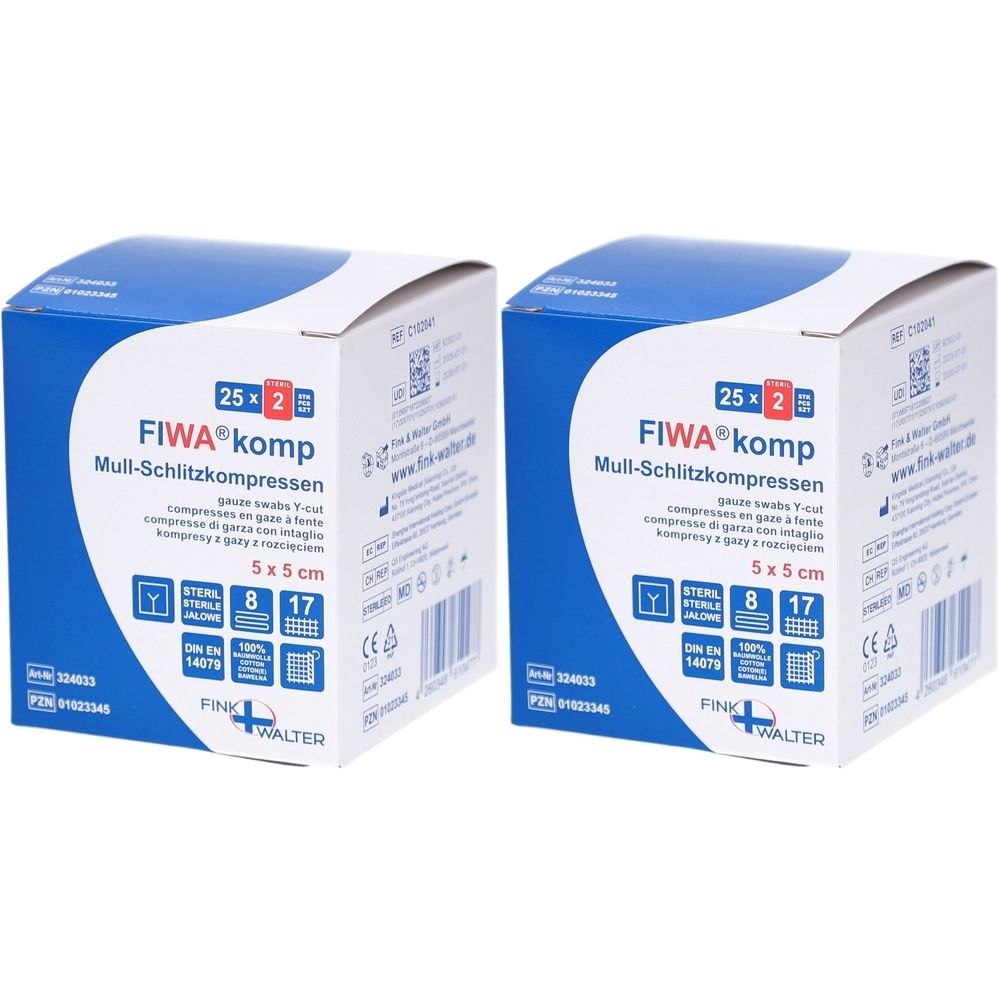 Zwei Kartons FIWA komp Mull-Schlitzkompressen. Blaue und weiße Verpackung. Größe 5x5 cm. Steril. 8-fach. Y-Cut. Aufdrucke mit Produktinformationen.