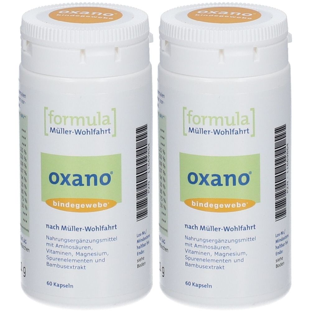 Zwei weiße Flaschen mit orangefarbenen und grünen Etiketten. Aufschrift: oxano bindegewebe, Nahrungsergänzungsmittel. 60 Kapseln.