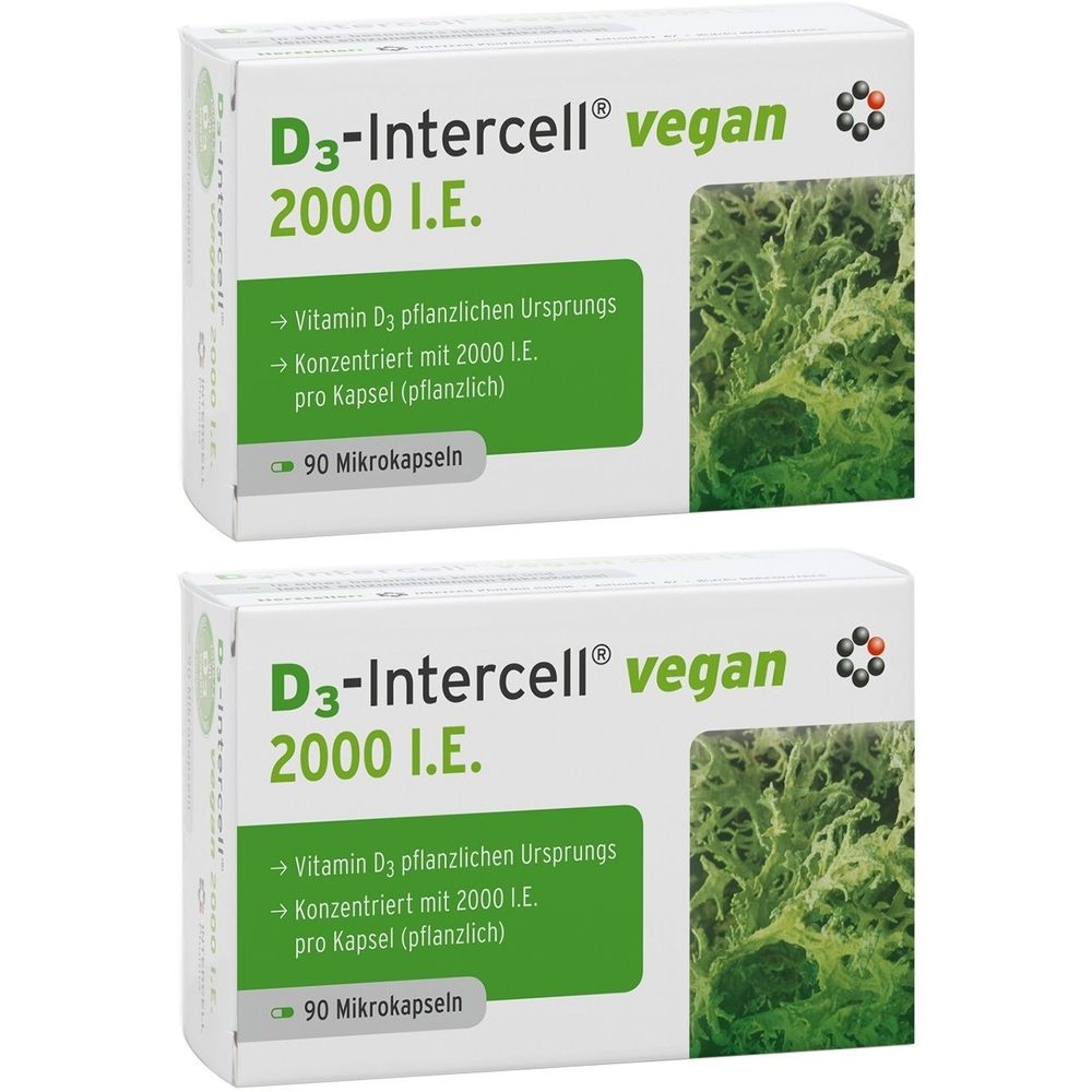 Zwei Schachteln D3-Intercell vegan 2000 I.E. mit grünen Akzenten. Aufschrift: Vitamin D3 pflanzlichen Ursprungs, 90 Mikrokapseln.