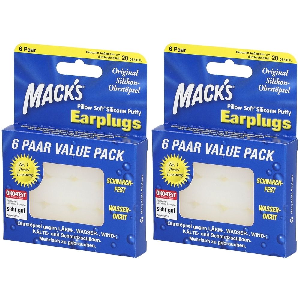 Zwei Packungen Macks Earplugs. Blaue Kartons mit Produktnamen und Text. Enthält 6 Paar Ohrstöpsel. Öko-Test Siegel.