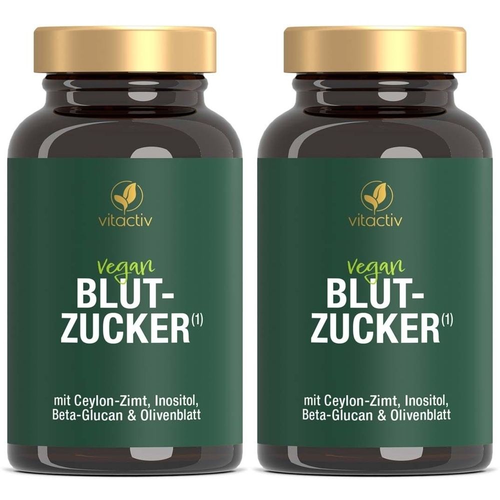 Zwei braune Glasflaschen mit goldenen Deckeln. Auf den grünen Etiketten steht "vitactiv Vegan BLUT-ZUCKER".