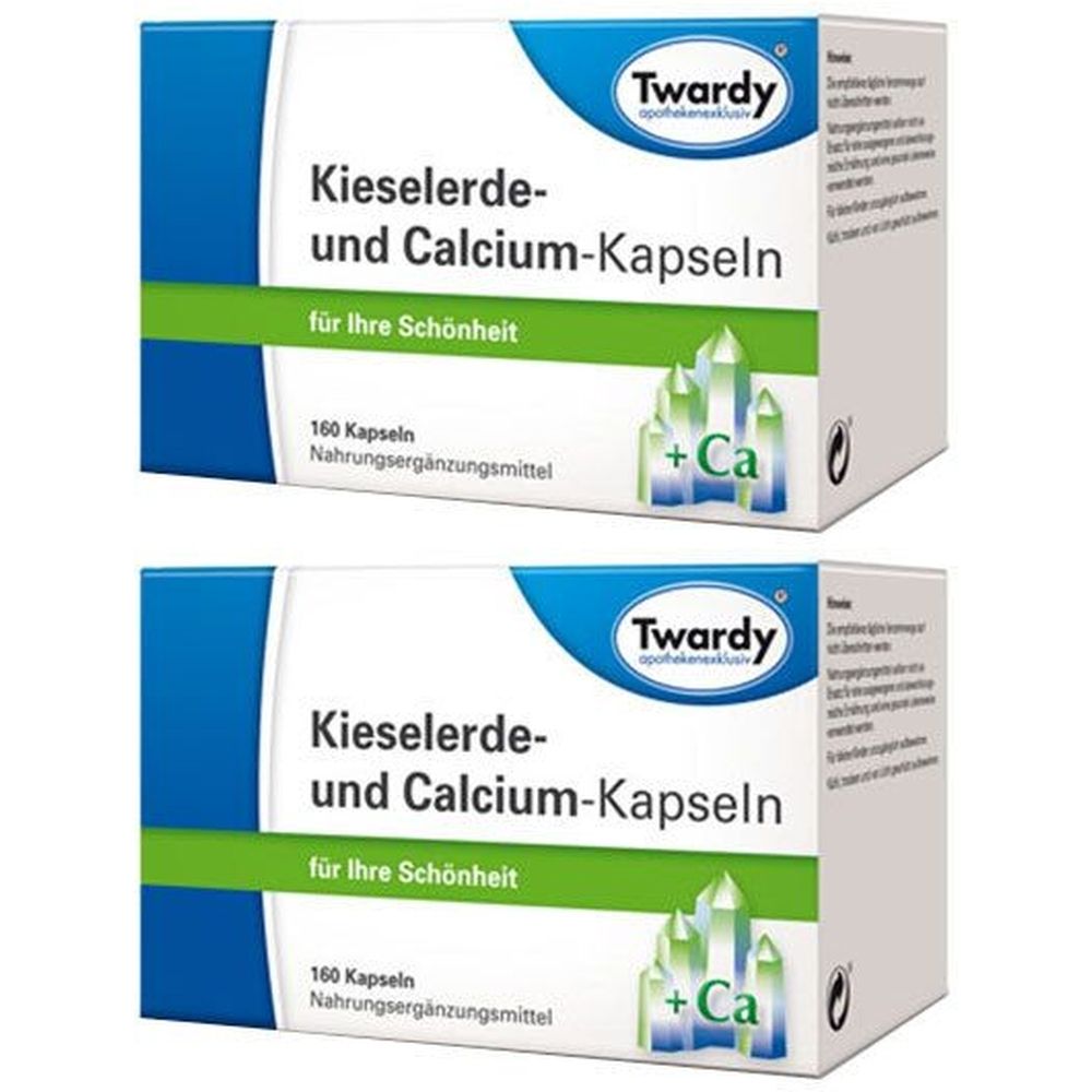 Zwei Schachteln mit Kieselerde und Calcium-Kapseln. Marke Twardy. Text: für Ihre Schönheit. 160 Kapseln. Nahrungsergänzungsmittel.