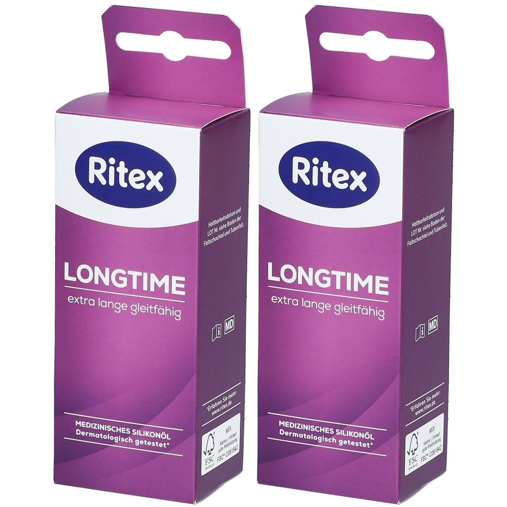 Zwei rechteckige Verpackungen mit dem Logo "Ritex" und der Aufschrift "LONGTIME extra lange gleitfähig". Lila-weißes Design.