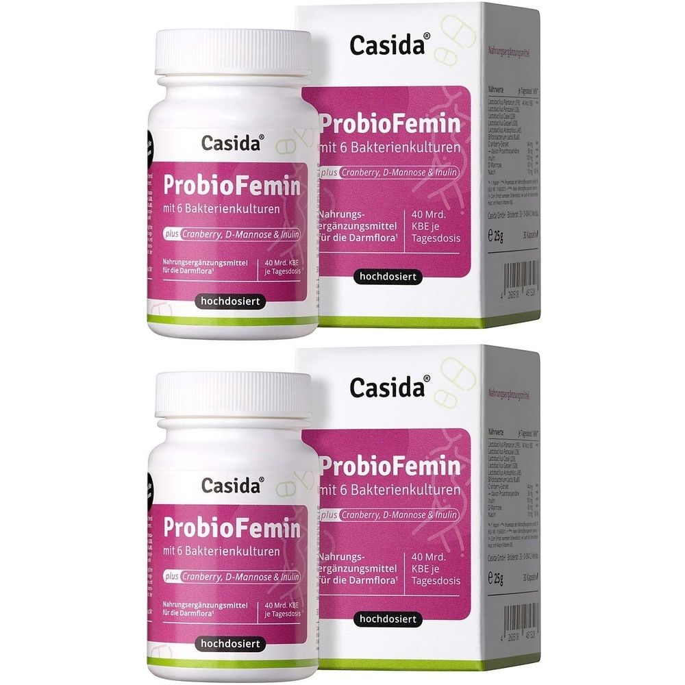 Zwei Flaschen und zwei Schachteln Casida ProbioFemin. Aufschrift: ProbioFemin mit 6 Bakterienkulturen. Hochdosiert.