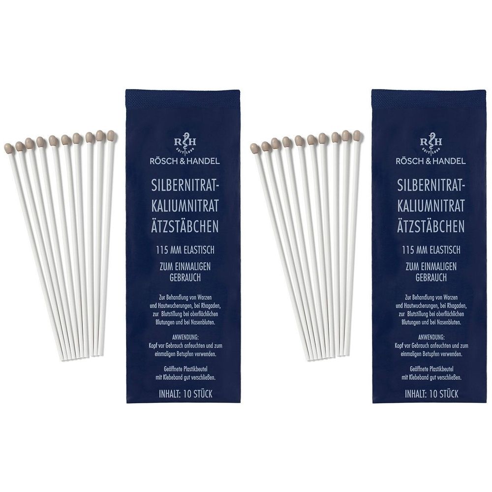 Zwei Packungen mit je 10 Ätzstäbchen. Blaue Verpackung mit Produktbezeichnung und Herstellerlogo. Stäbchen mit silberfarbenen Spitzen.