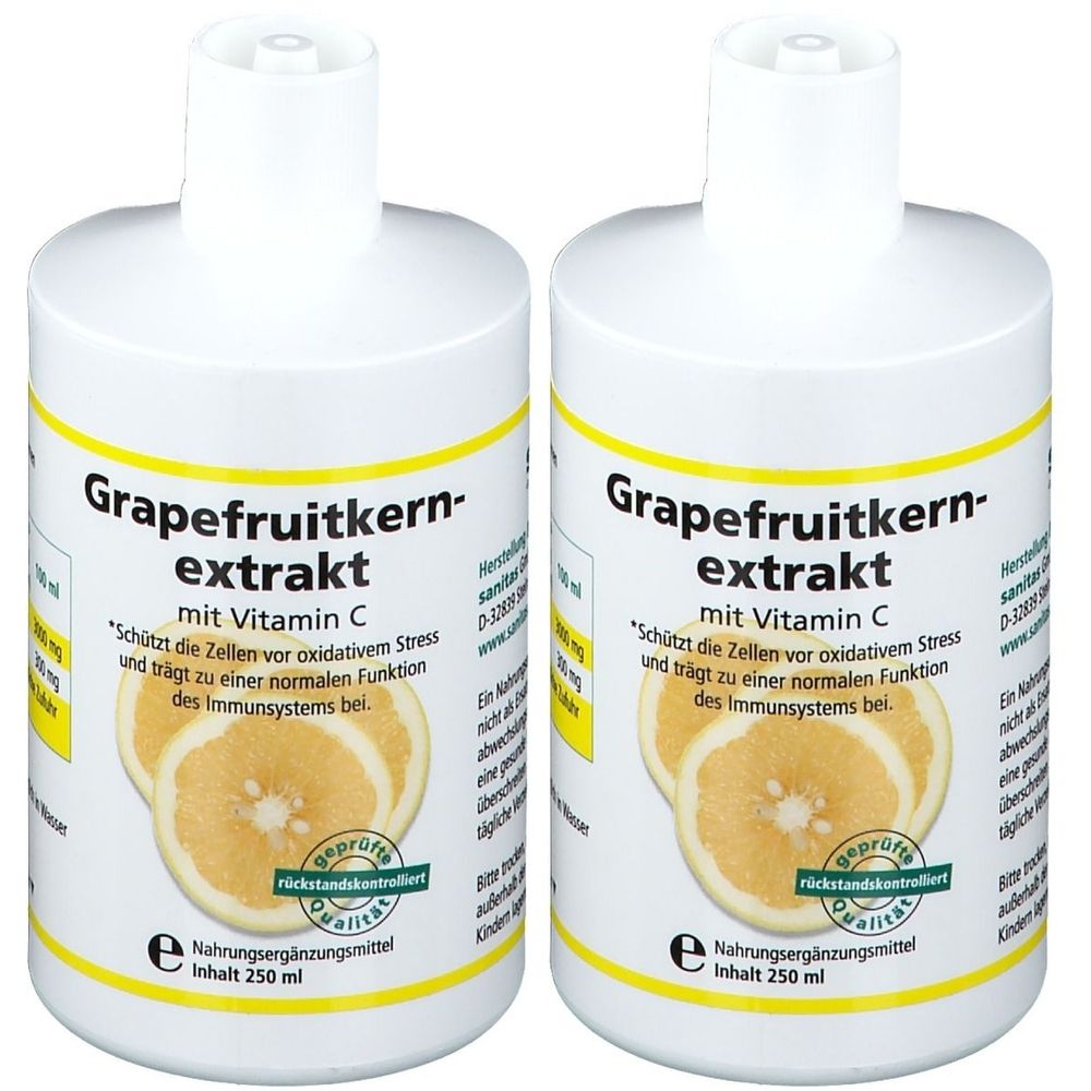 Zwei weiße Flaschen mit gelben Etiketten. Aufschrift: Grapefruitkernextrakt mit Vitamin C. Abbildung von Grapefruit-Scheiben. Geprüfte Qualität.