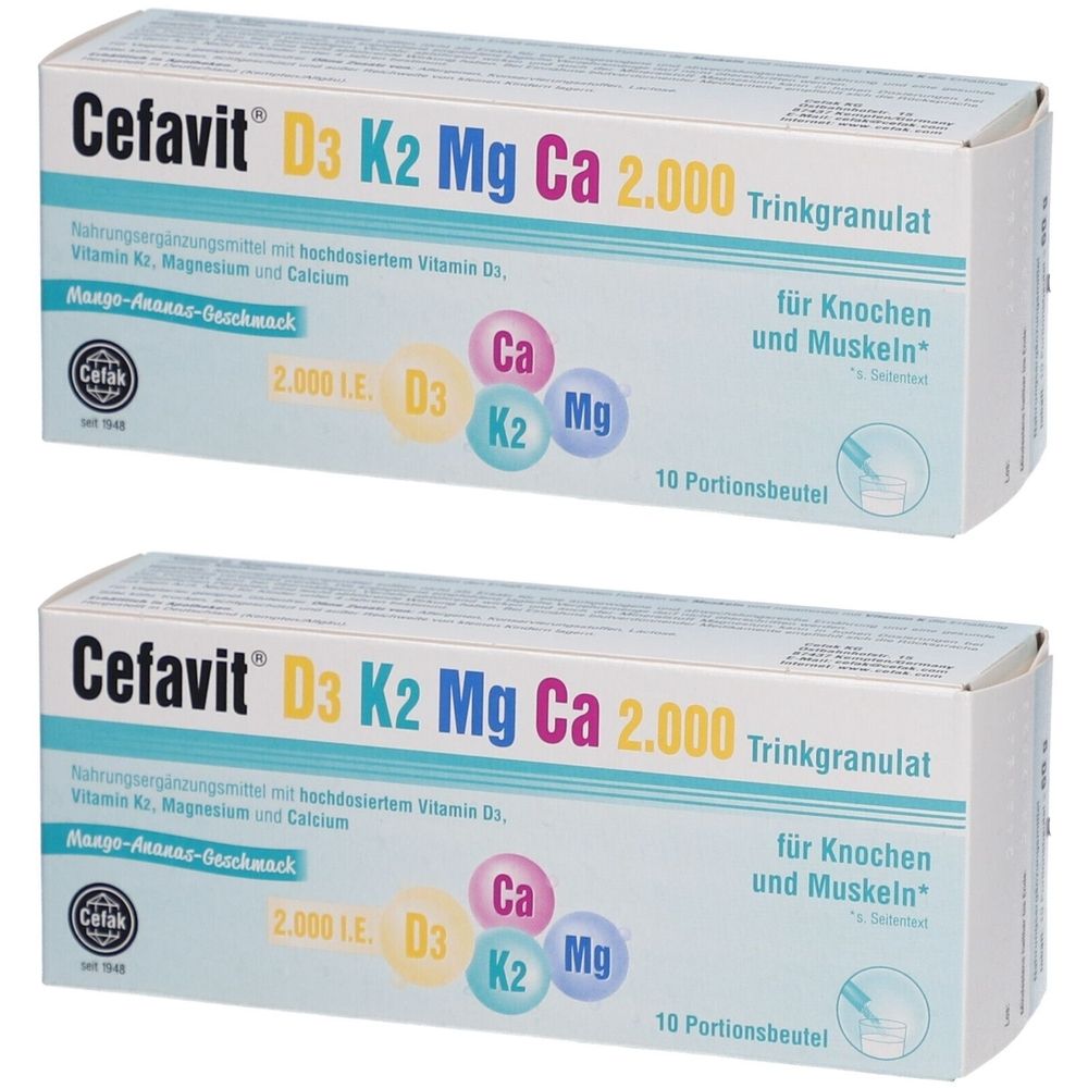 Zwei weiße Kartons mit der Aufschrift Cefavit D3 K2 Mg Ca 2.000 Trinkgranulat. Enthält 10 Portionsbeutel. Aufdruck mit Vitaminen und Mineralien.